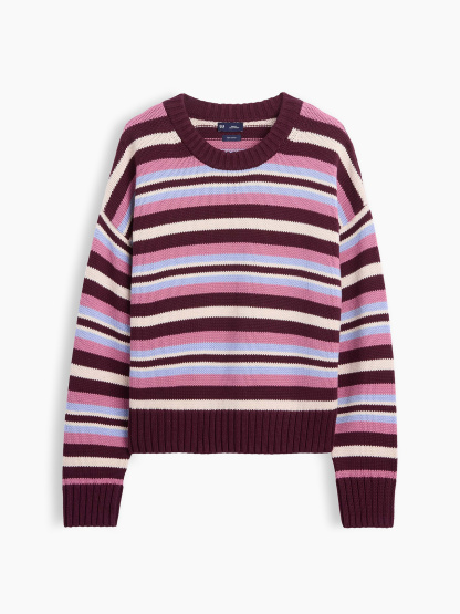 100% Cotton Oversized Crop Sweater - Purple burgundy & blue multi stripe