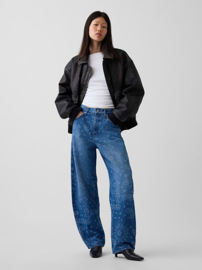 High Rise Barrel Cargo Jeans - Blue bandana print