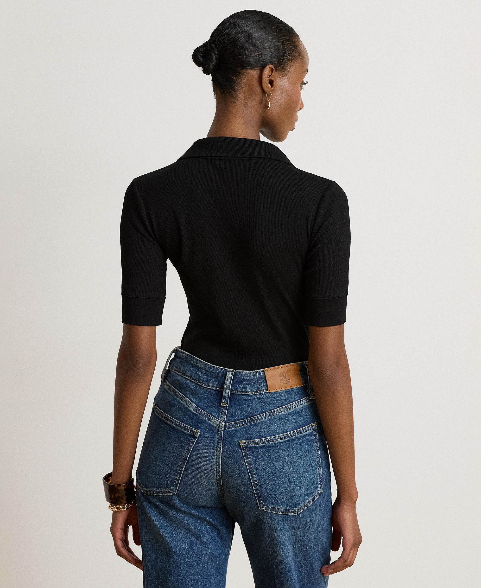 Lauren Ralph Lauren Women's Jersey Short-Sleeve Collared Top - Black