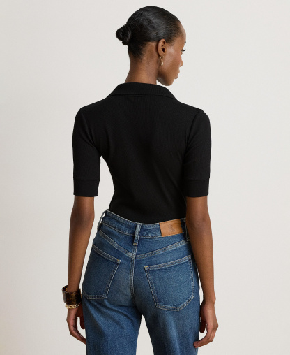Lauren Ralph Lauren Women's Jersey Short-Sleeve Collared Top - Black