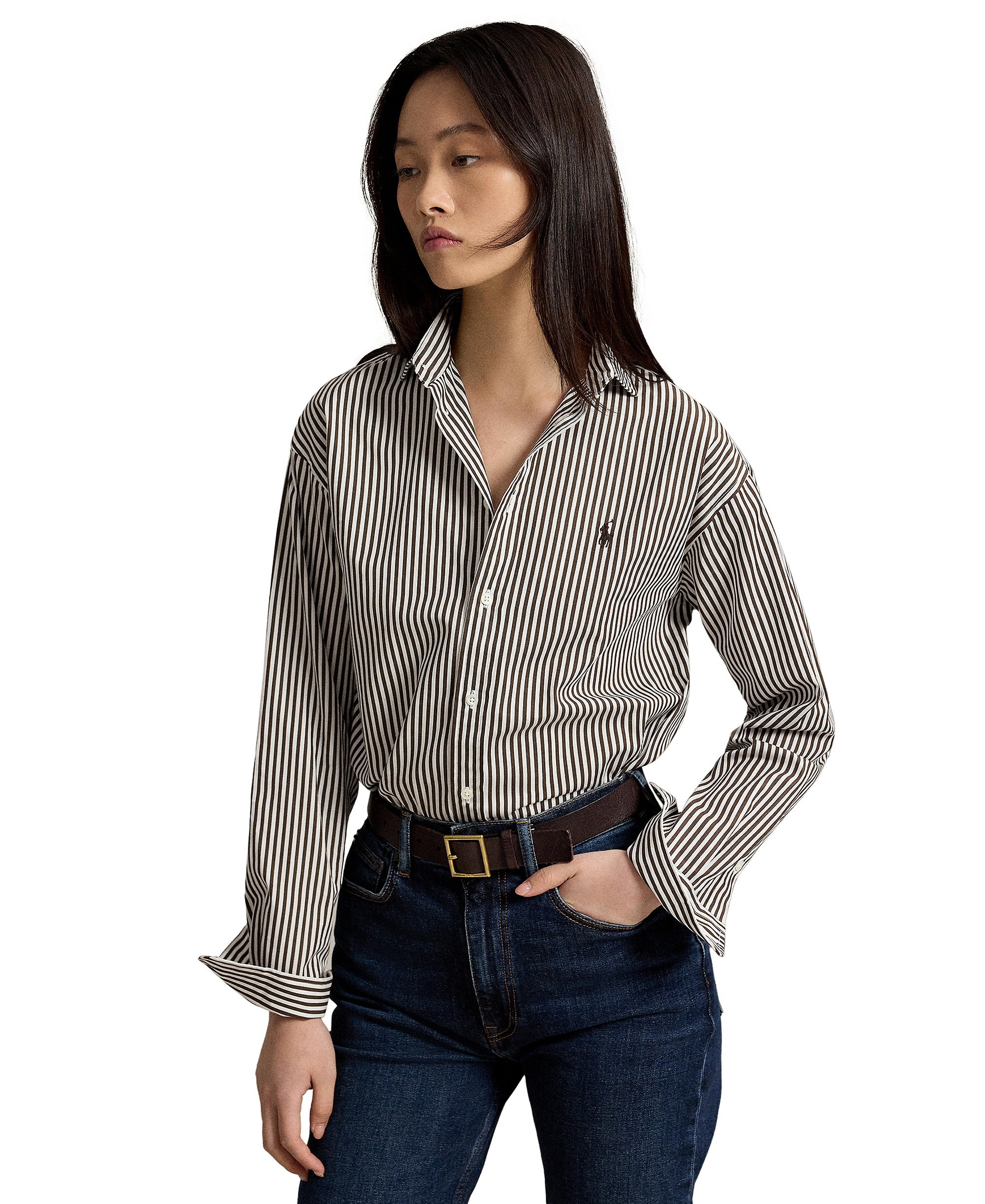 Polo Ralph Lauren Women's Relaxed-Fit Striped Cotton Shirt - Dark Brown/White