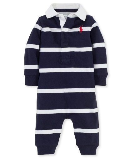 Polo Ralph Lauren Baby Boys Striped Rugby Cotton Coverall - French Navy Multi