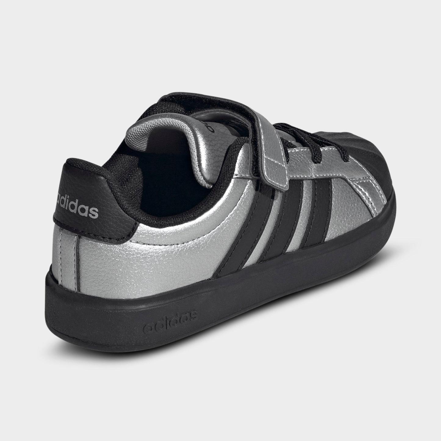 Girls' Little Kids' adidas Streettalk Stretch Lace Hook-And-Loop Casual Shoes - Silver Metallic/Core Black/Silver Metallic - Back view