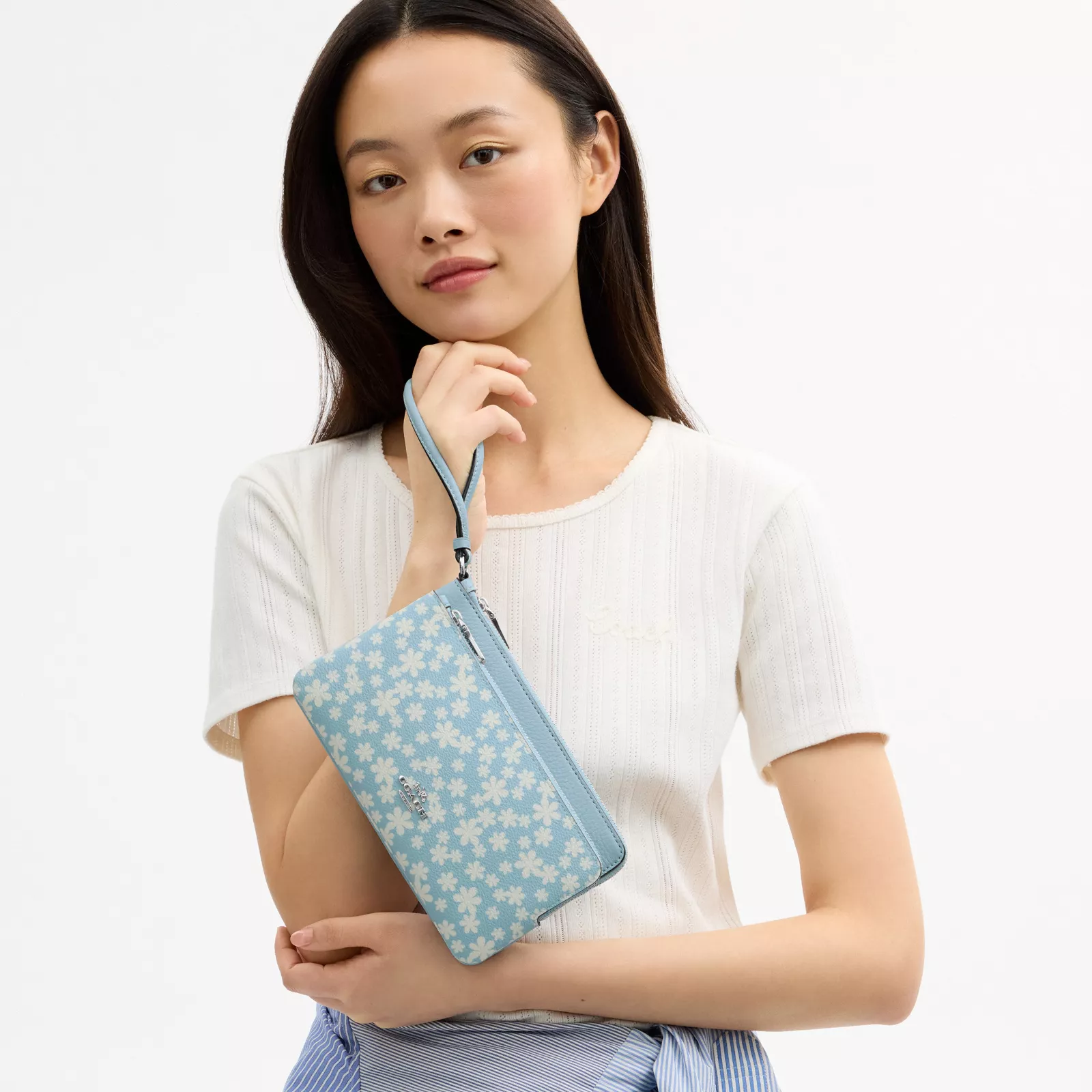 Double Zip Wristlet With Floral Print - Silver/Blue Multi - view 2