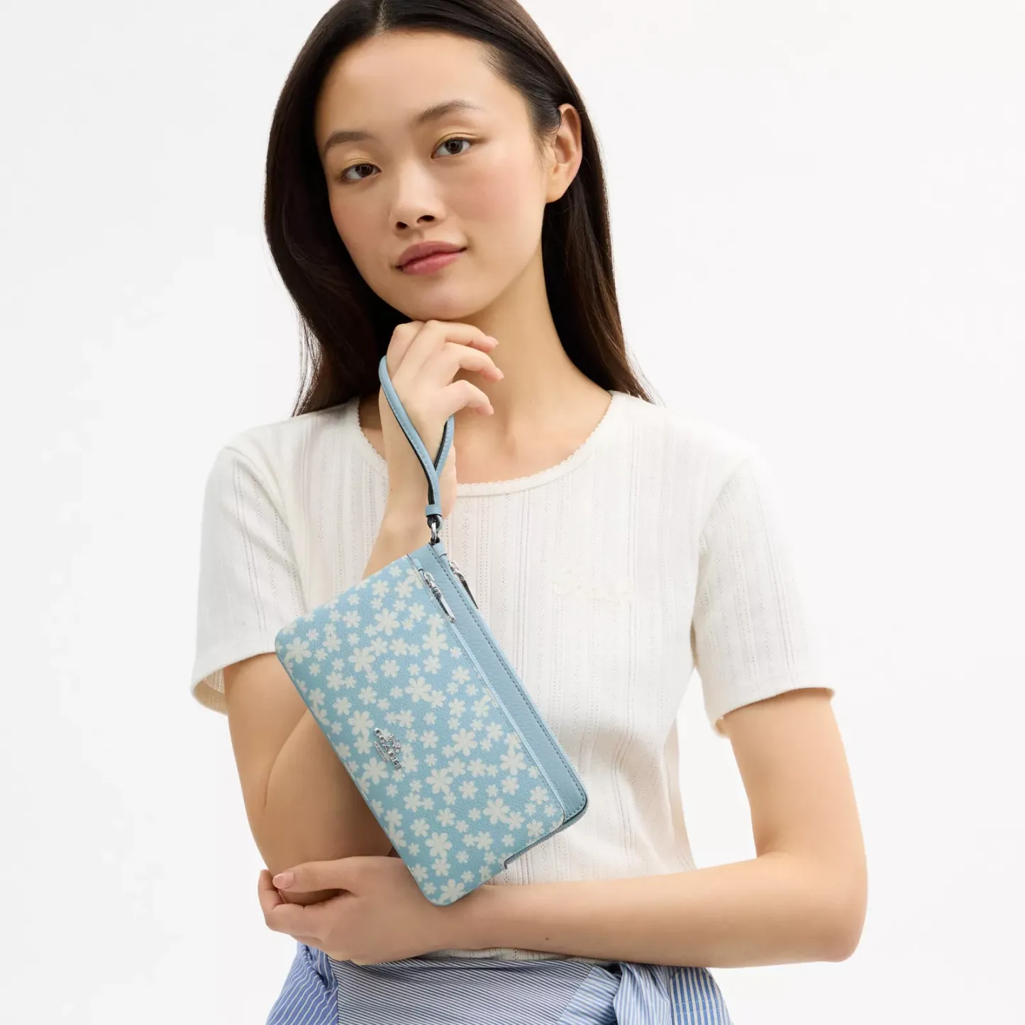 Double Zip Wristlet With Floral Print - Silver/Blue Multi - view 2