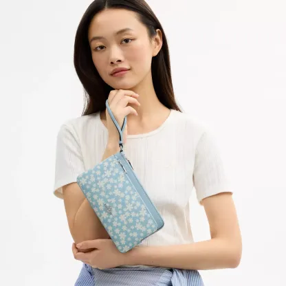 Double Zip Wristlet With Floral Print - Silver/Blue Multi - view 2