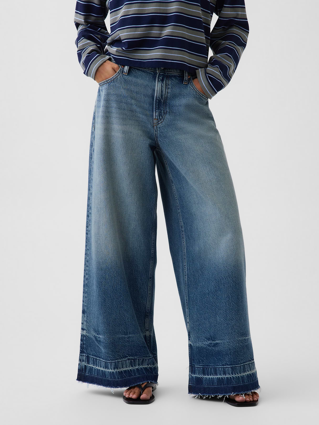 Mid Rise Denim Stripe Baggy Jeans - Medium indigo