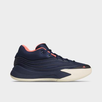 Men's adidas Dame X Basketball Shoes - Night Indigo/Warm Vanilla/Solar Turbo - Left shoe facing left. Outside of the shoe.