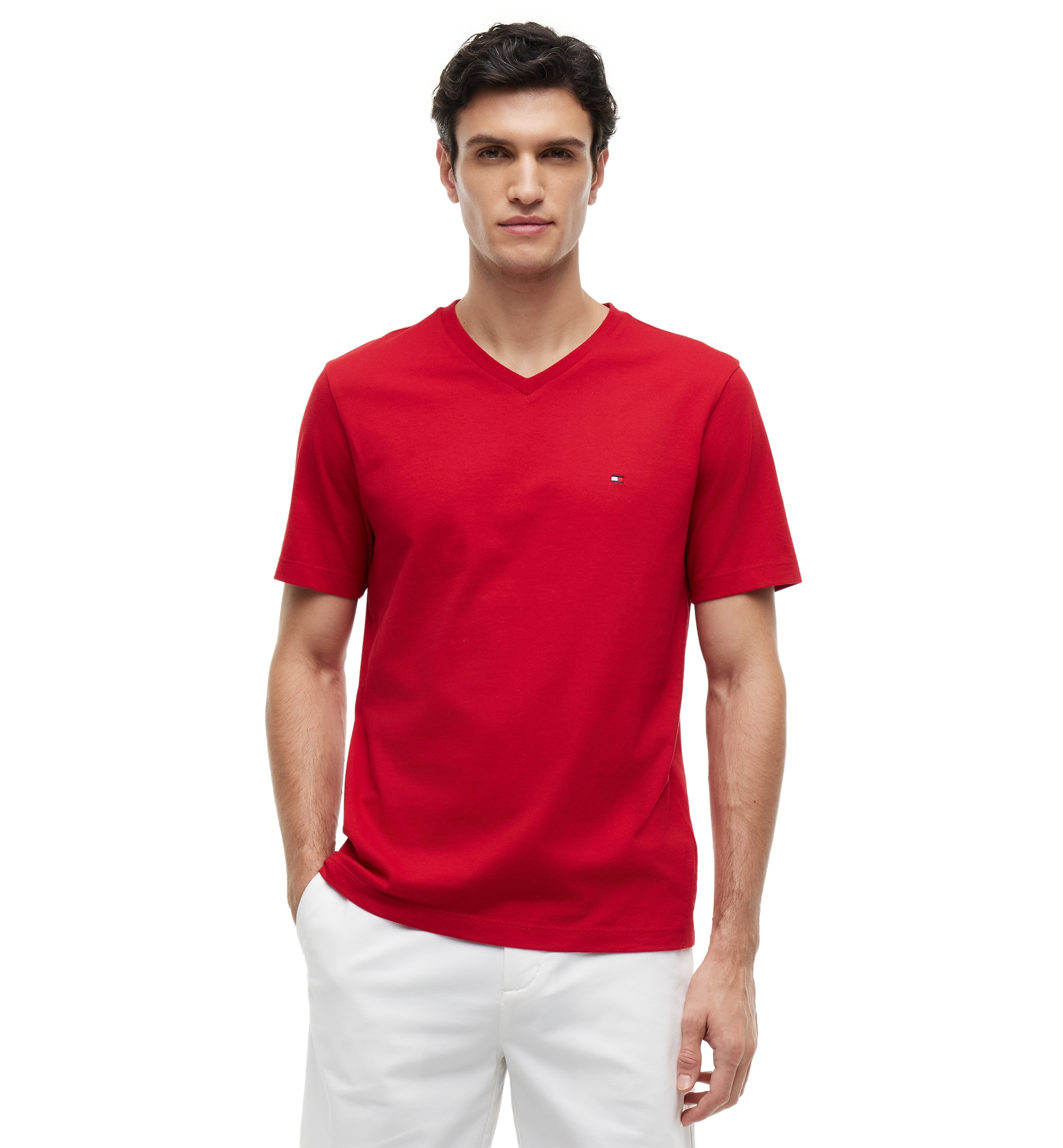Tommy Hilfiger Men's Essential Cotton V-Neck Regular-Fit T-Shirt - Medium Red