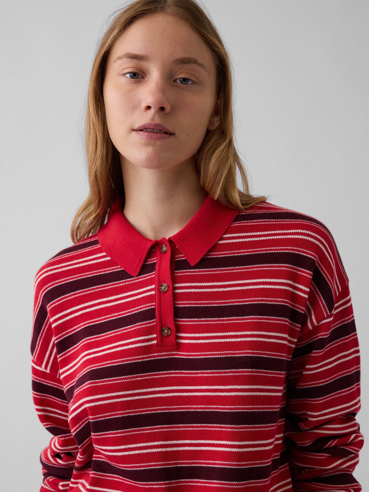 100% Cotton Relaxed Polo Sweater - Brown & red stripe