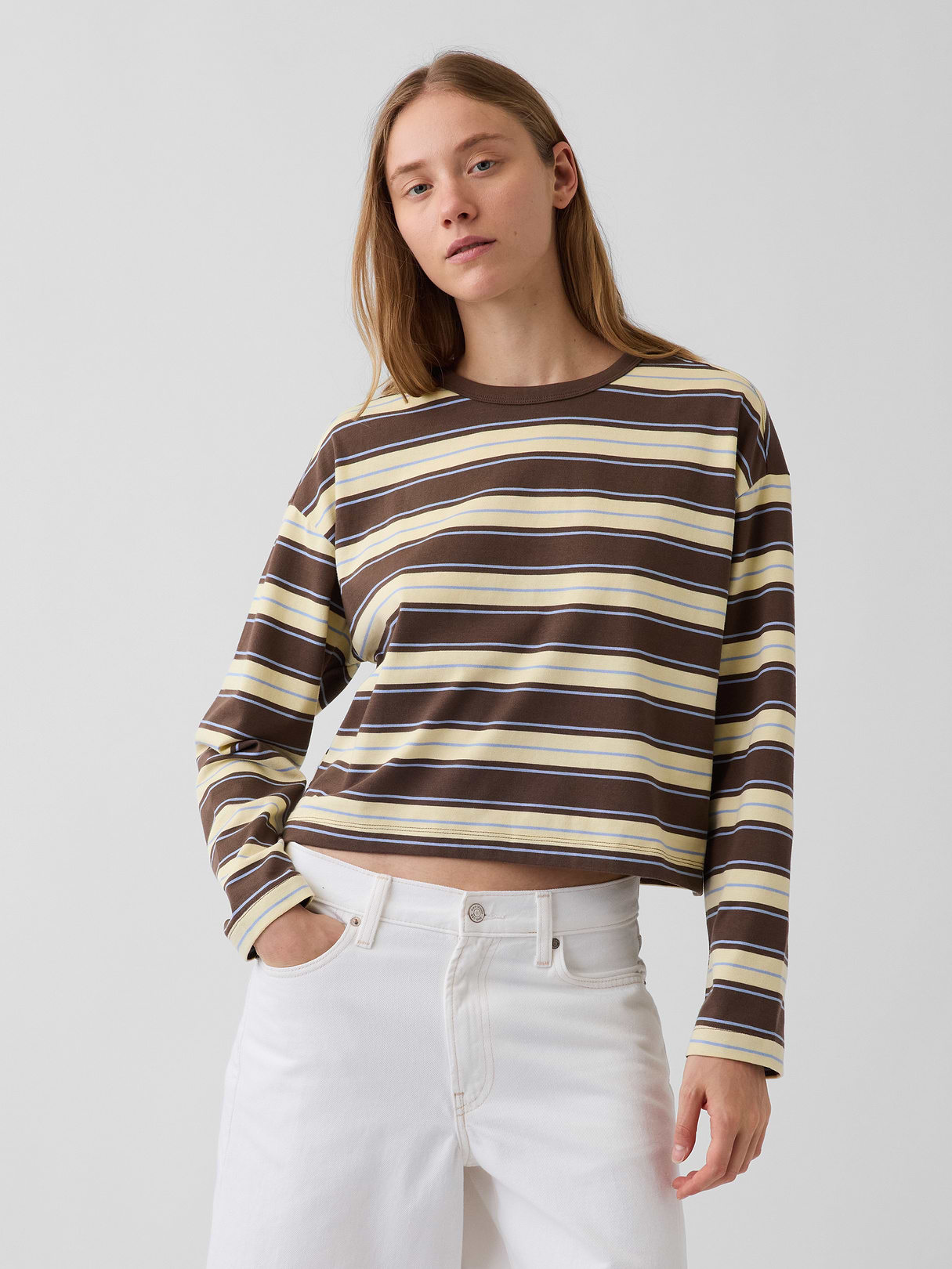 Knit Oversized Crop T-Shirt - Yellow & brown stripe