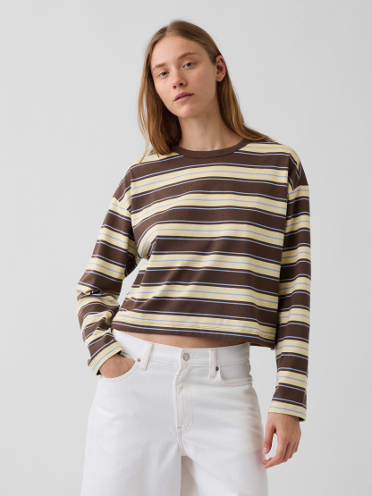 Knit Oversized Crop T-Shirt - Yellow & brown stripe