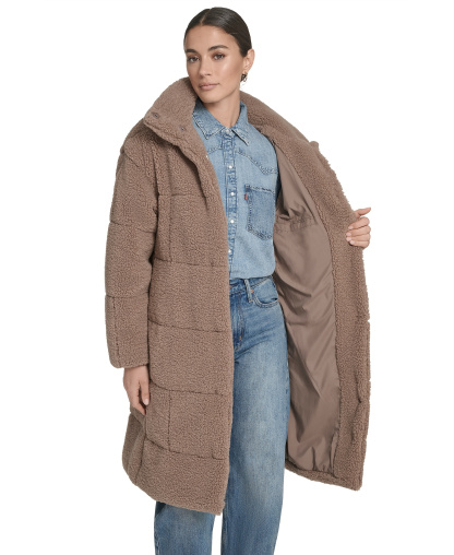 Levi's Women's Long Sherpa Snap-Closure Teddy Coat - Taupe