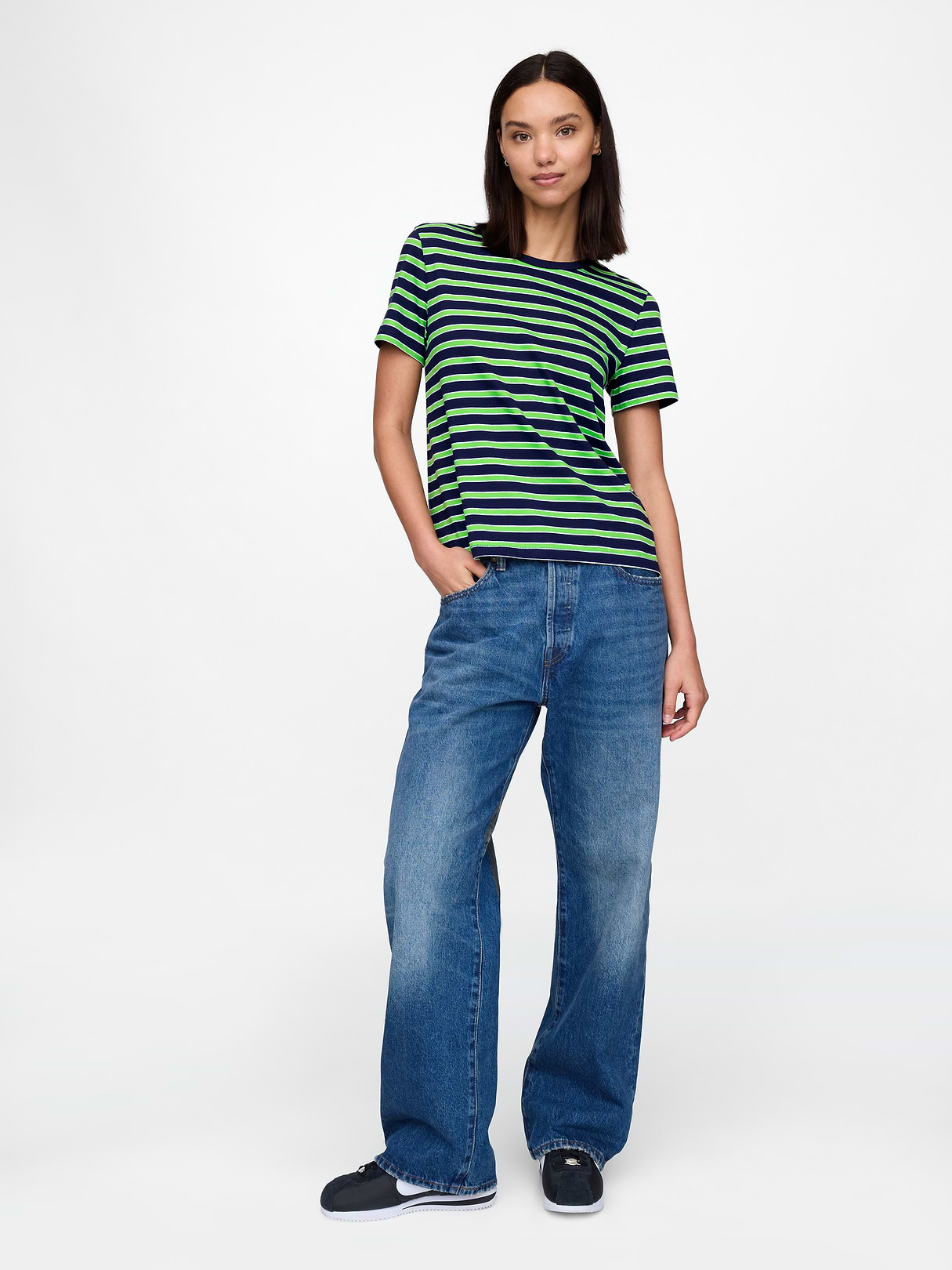 Organic Cotton VintageSoft T-Shirt - Navy blue and green stripe