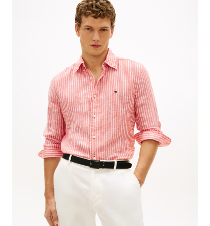 Tommy Hilfiger Men's 100% Linen Bengal Stripe Shirt - Orange Flash