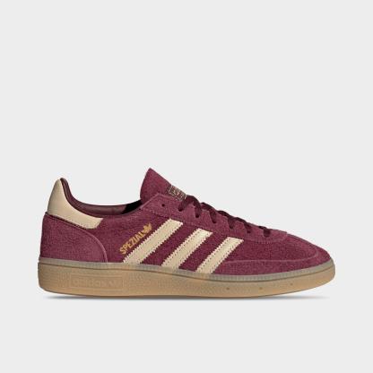 Women's adidas Originals Handball Spezial Casual Shoes - Part 2 - Maroon/Warm Vanilla/Gold Metallic - Left shoe facing left. Outside of the shoe.
