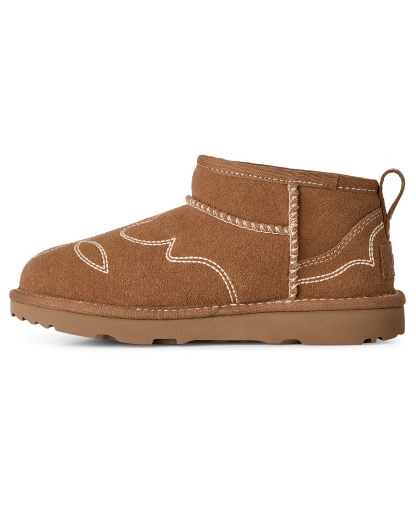 UGG® Kids Classic Ultra Mini Western Round Toe Booties - Chestnut