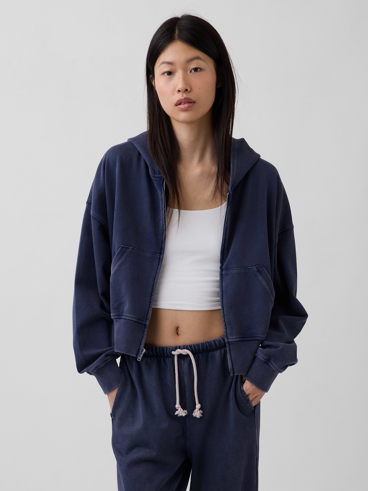 VintageSoft Terry Oversized Wedge Zip Hoodie - Tapestry navy blue wash