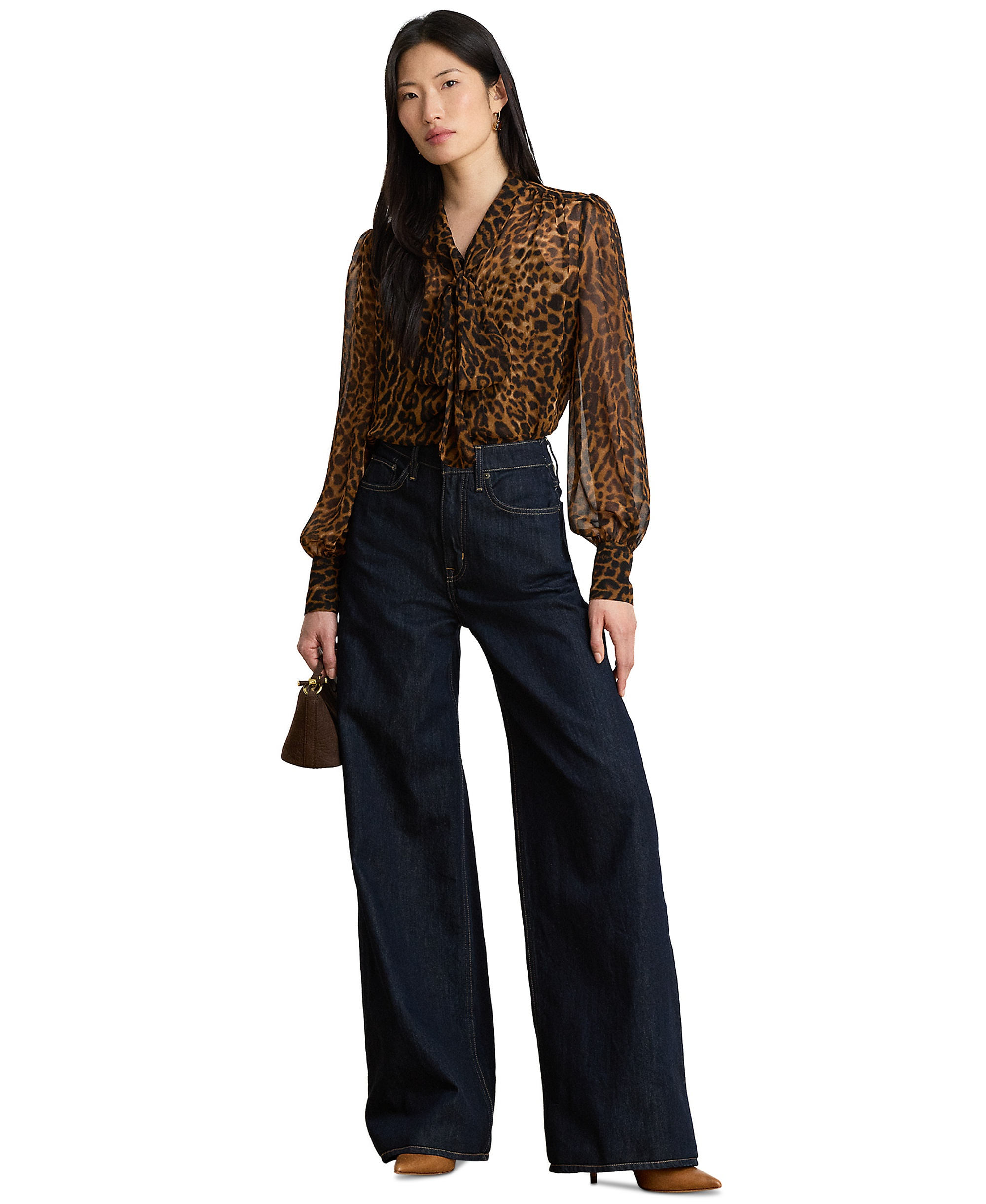 Lauren Ralph Lauren Women's Ocelot-Print Chiffon Tie-Neck Blouse - Tan Multi