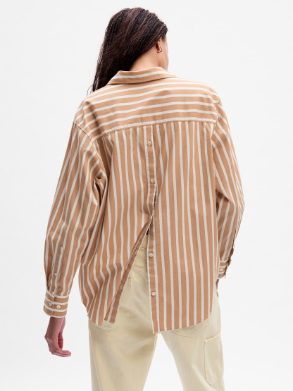 Organic Cotton Poplin Stripe Big Shirt - neutral tan & white stripe