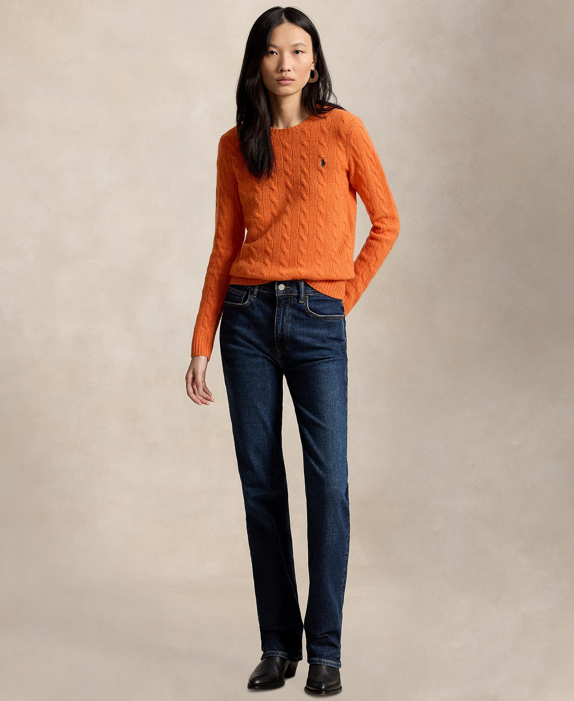 Polo Ralph Lauren Women's Cable Wool-Cashmere Crew Neck Sweater - Orange Rust Heather