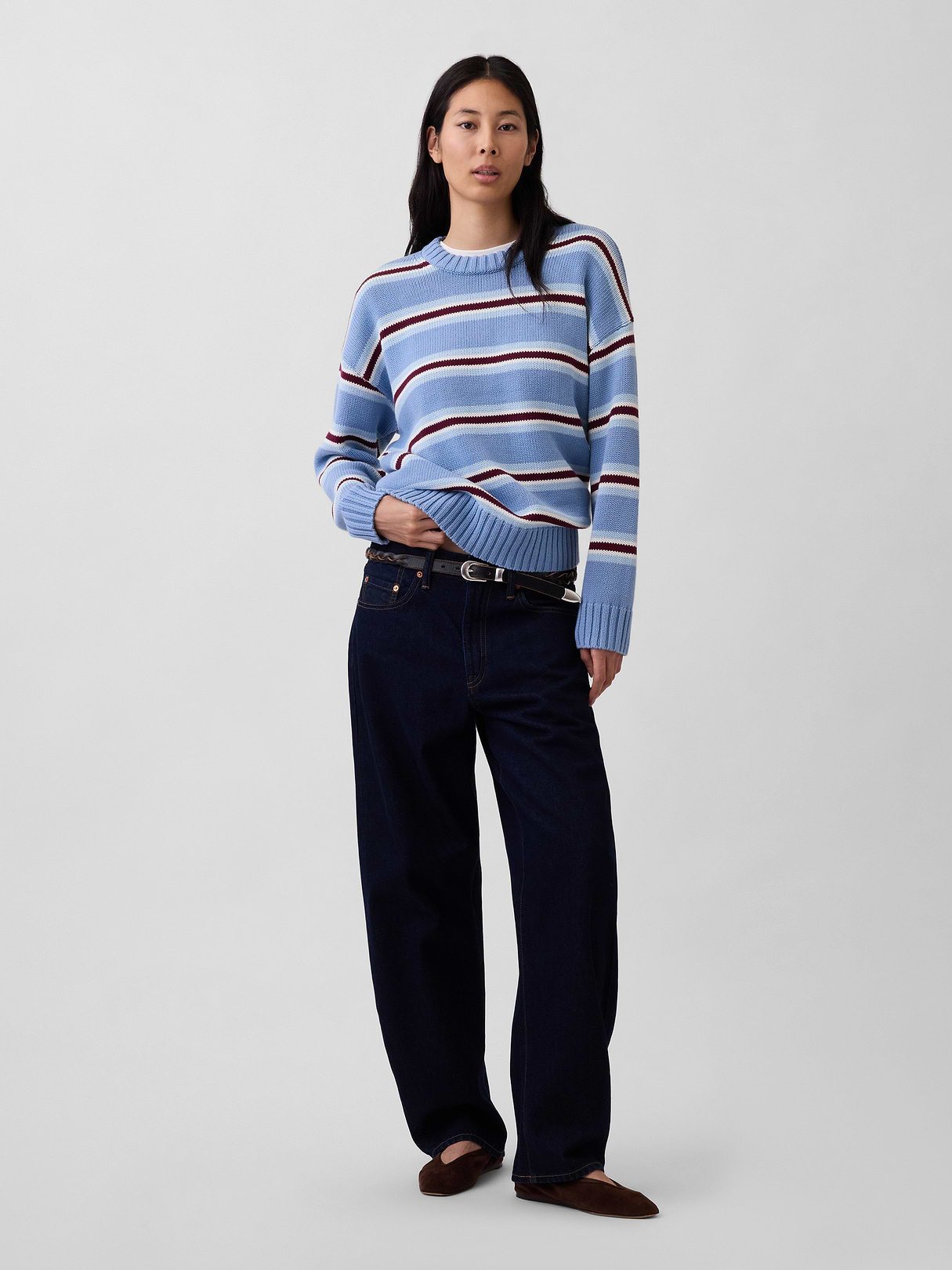 100% Cotton Oversized Sweater - Blue & burgundy stripe