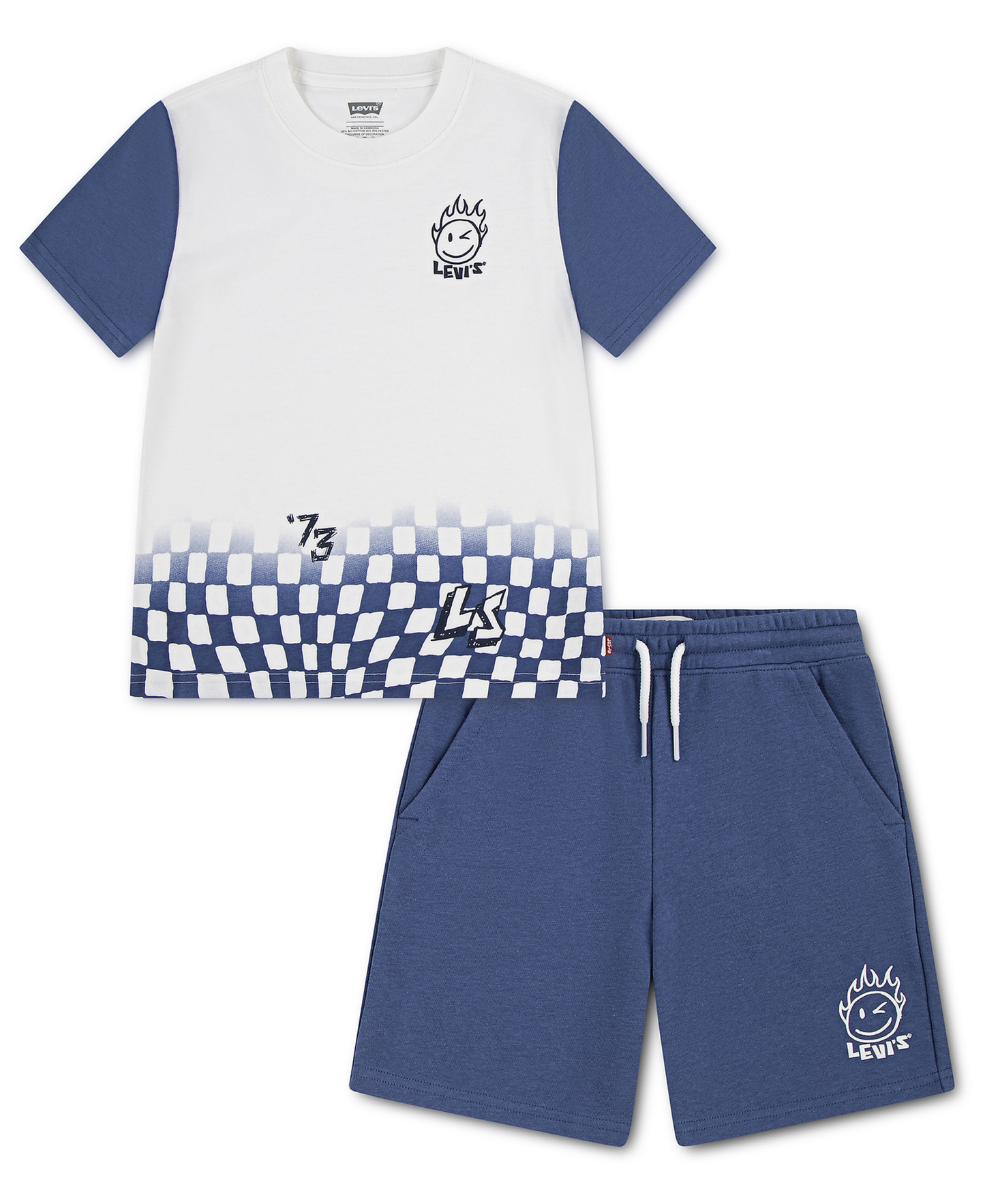 Levi's Boys' 2T-7 Smiley Check T-Shirt and Shorts, 2-Piece Set - Bright White/Blue