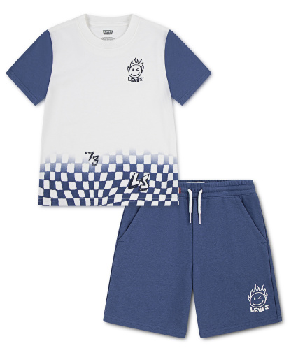 Levi's Boys' 2T-7 Smiley Check T-Shirt and Shorts, 2-Piece Set - Bright White/Blue