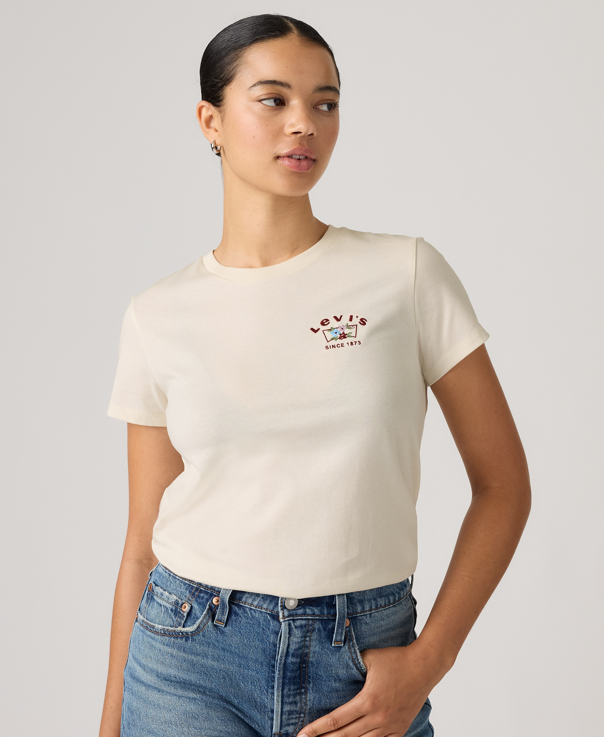 Levi's Women's Perfect Graphic Logo Cotton T-Shirt - Runa Bw Embroidery Egret