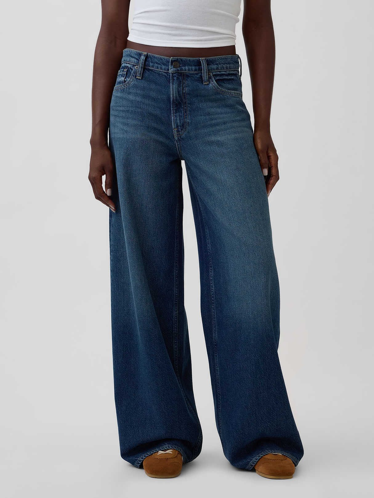Mid Rise Denim Stripe Baggy Jeans - Dark wash