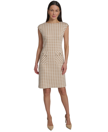 Tommy Hilfiger Women's Cap-Sleeve Pixelated Houndstooth Pocket Sheath Dress - Tannin/white cap