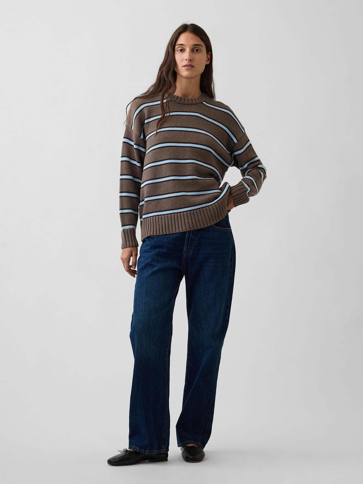 100% Cotton Oversized Sweater - Brown & blue stripe