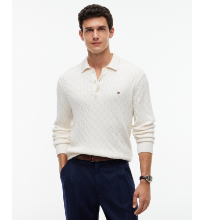 Tommy Hilfiger Men's Classic Cotton Cable-Knit Regular-Fit Sweater Polo - Ivory Petal