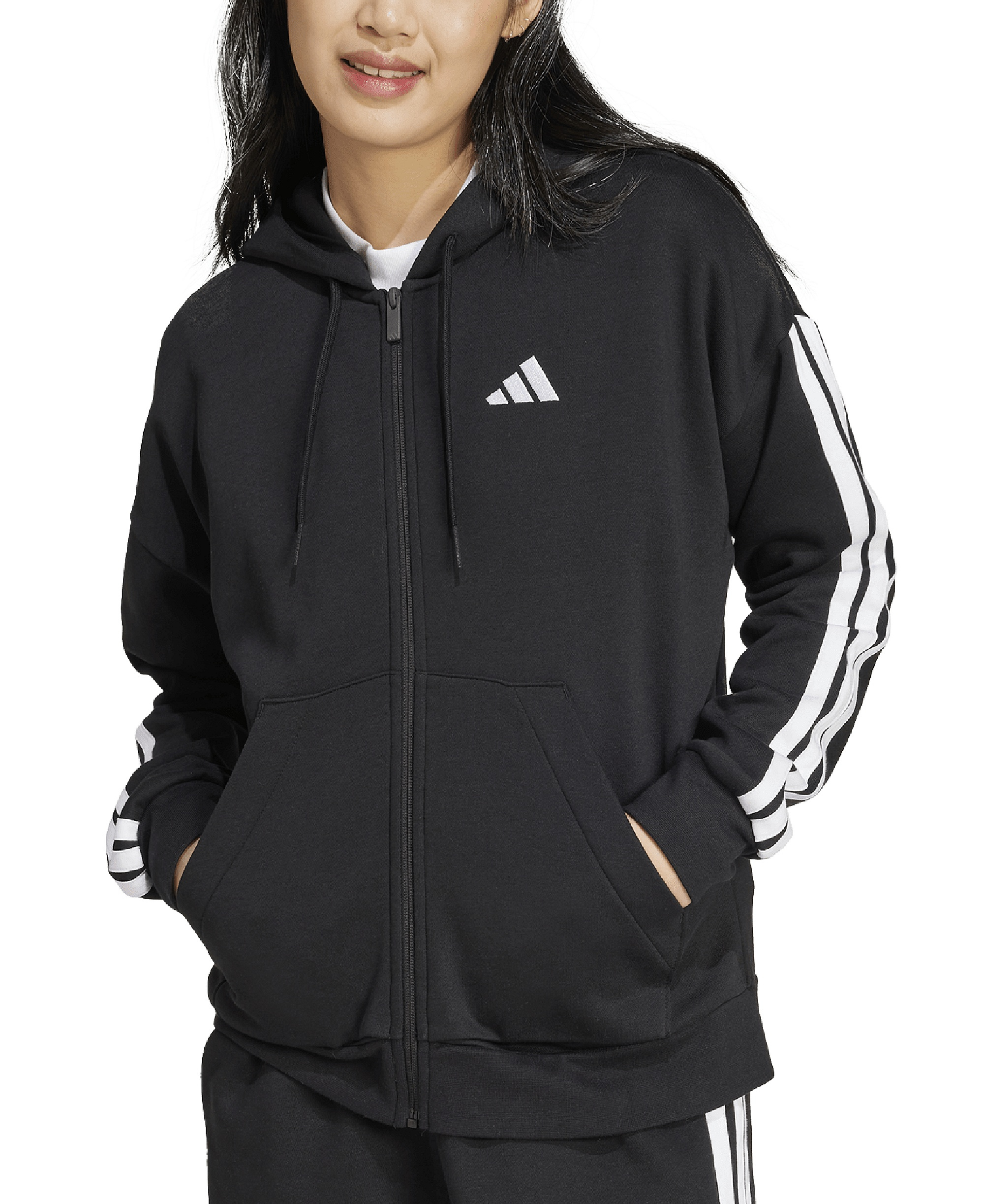 adidas Women's 3-Stripe Fleece Full-Zip Hoodie - Black/White