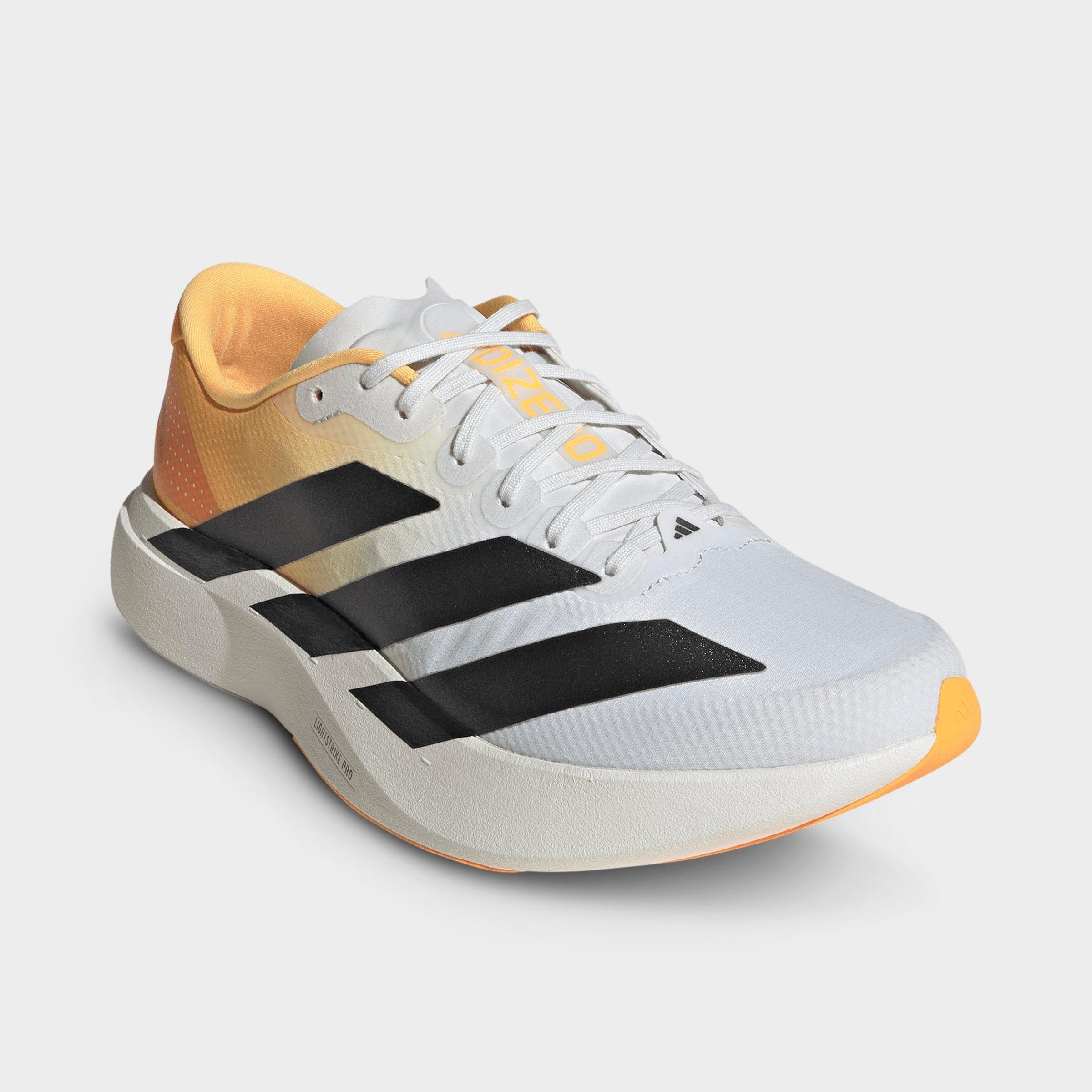 Men's adidas Adizero EVO SL Woven Running Shoes - Part 1 - Crystal White/Lucid Tangerine/Iron Metallic - Both shoes facing left