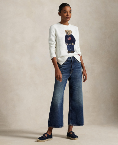 Polo Ralph Lauren Women's Polo Bear Linen-Cotton Crewneck Sweater - White