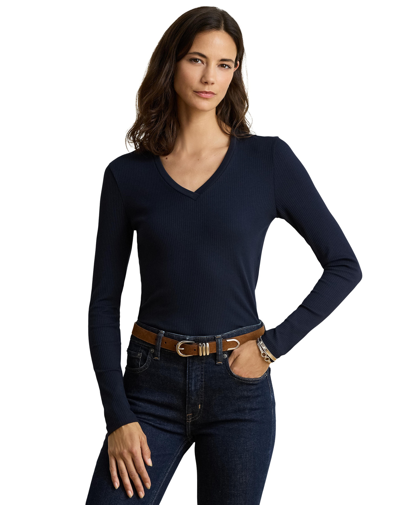 Lauren Ralph Lauren Women's Rib-Knit Long-Sleeve V-Neck Top - Lauren Navy