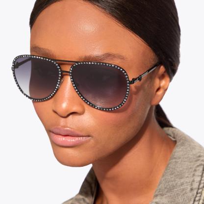 Kurt Geiger London Large Shoreditch Crystal Aviator Sunglasses - Black - view 2