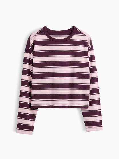 Knit Oversized Crop T-Shirt - Soft pink & burgundy stripe