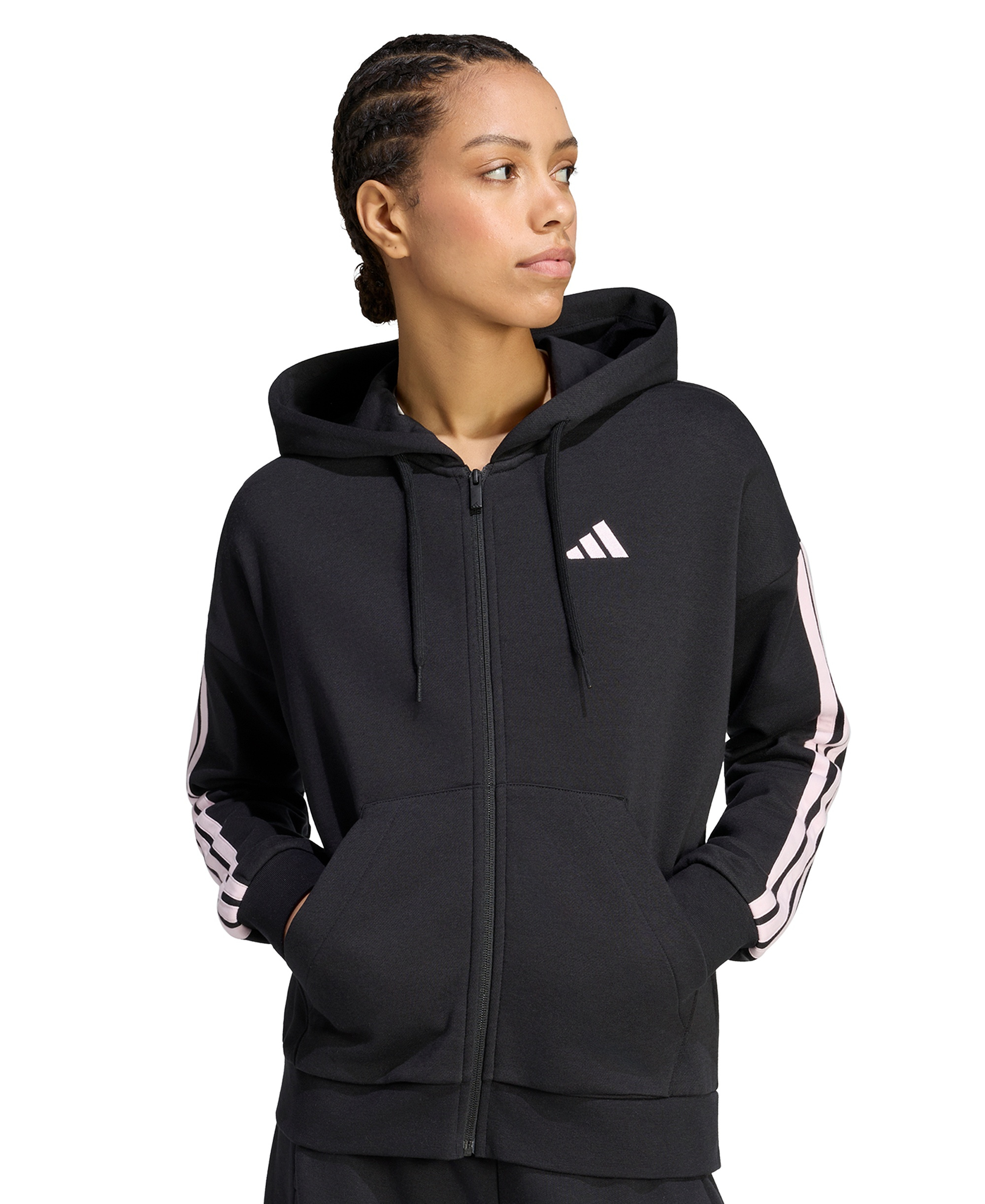 adidas Women's 3-Stripe Fleece Full-Zip Hoodie - Black/clear Pink