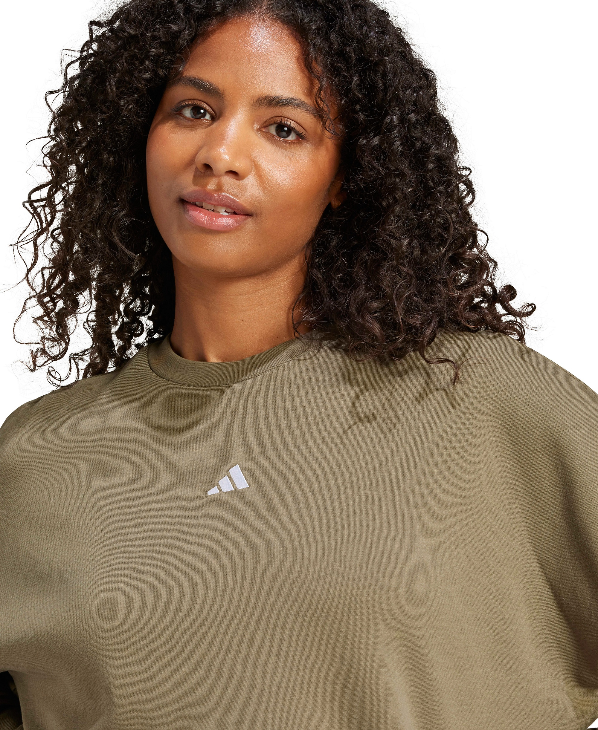 adidas Women's Essentials Crewneck Small-Logo Sweatshirt - Olive Strata/white