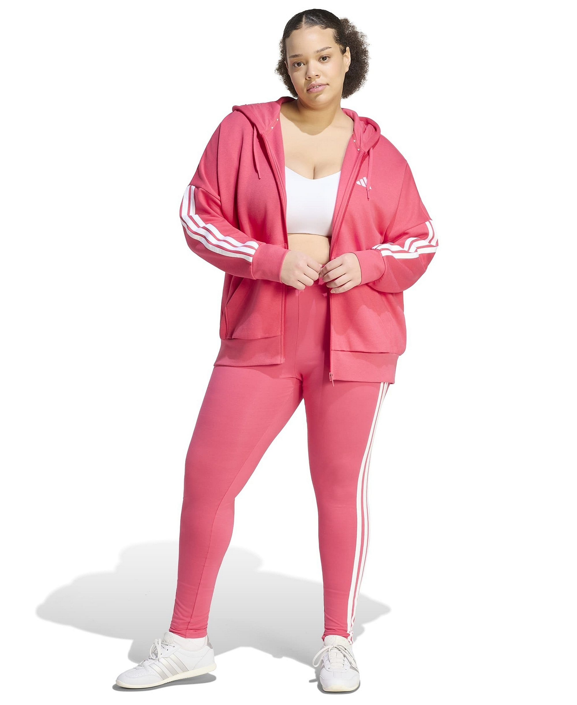 adidas Plus Size Essentials 3-Stripes Full-Zip Fleece Hoodie - Power Pink