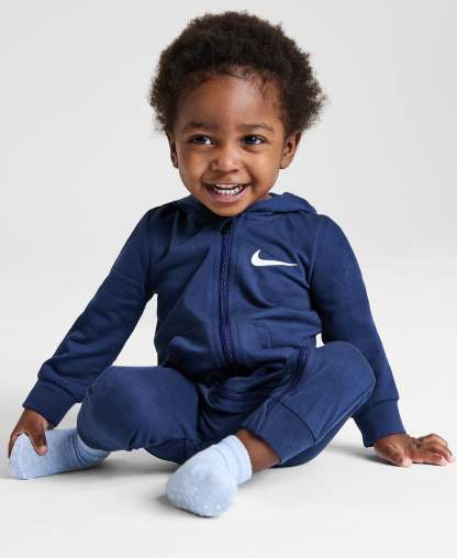 Nike Baby Essentials Hooded French Terry Coverall & 3-Pack Core Ankle Gripper Socks - Gray