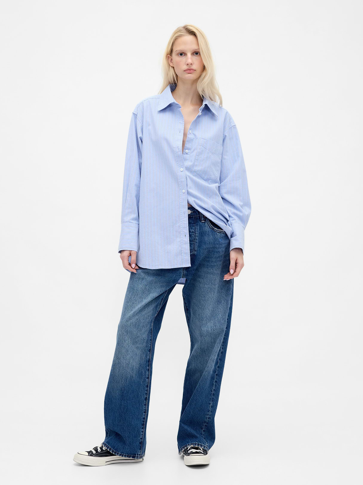 Organic Cotton Poplin Stripe Big Shirt - Blue stripe
