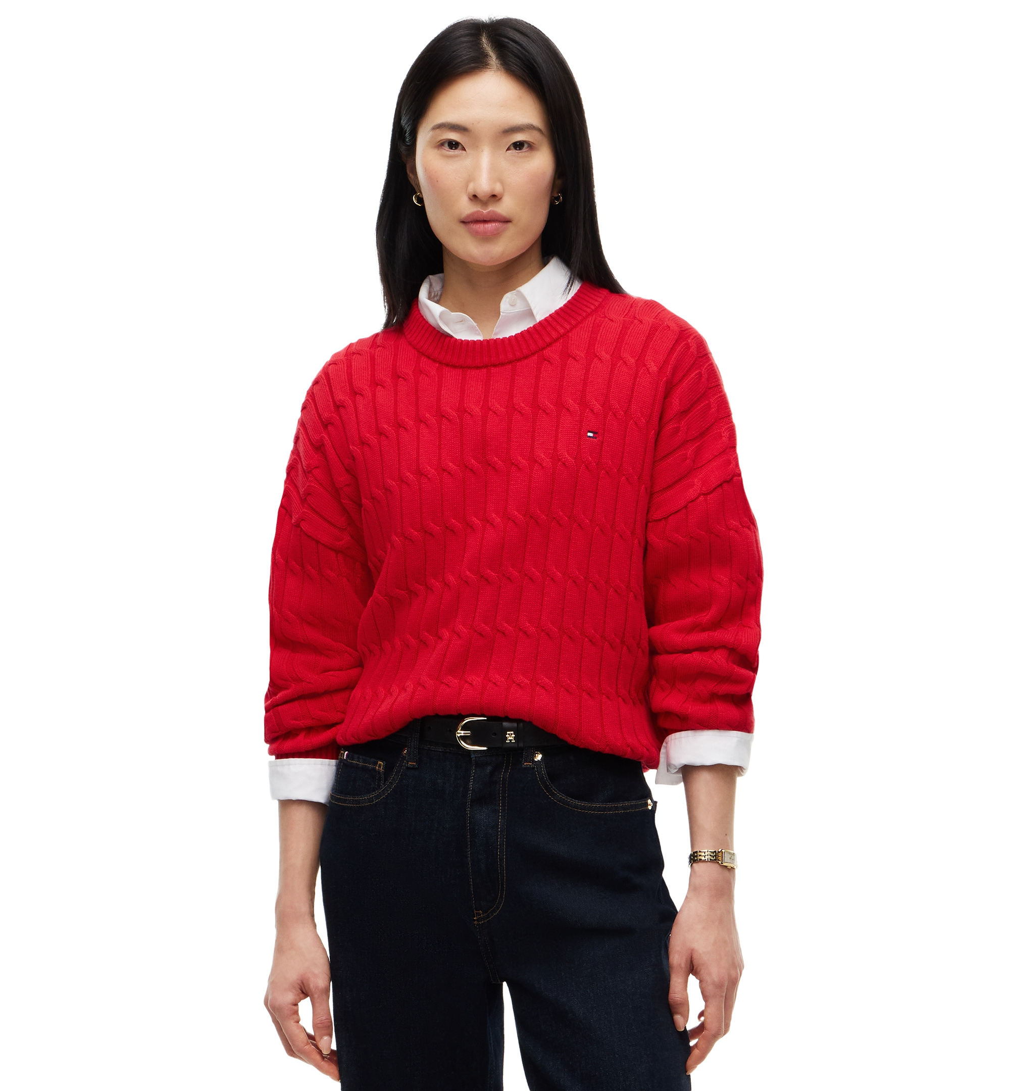 Tommy Hilfiger Women's Cable-Knit Crewneck Sweater - Red