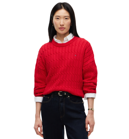 Tommy Hilfiger Women's Cable-Knit Crewneck Sweater - Red