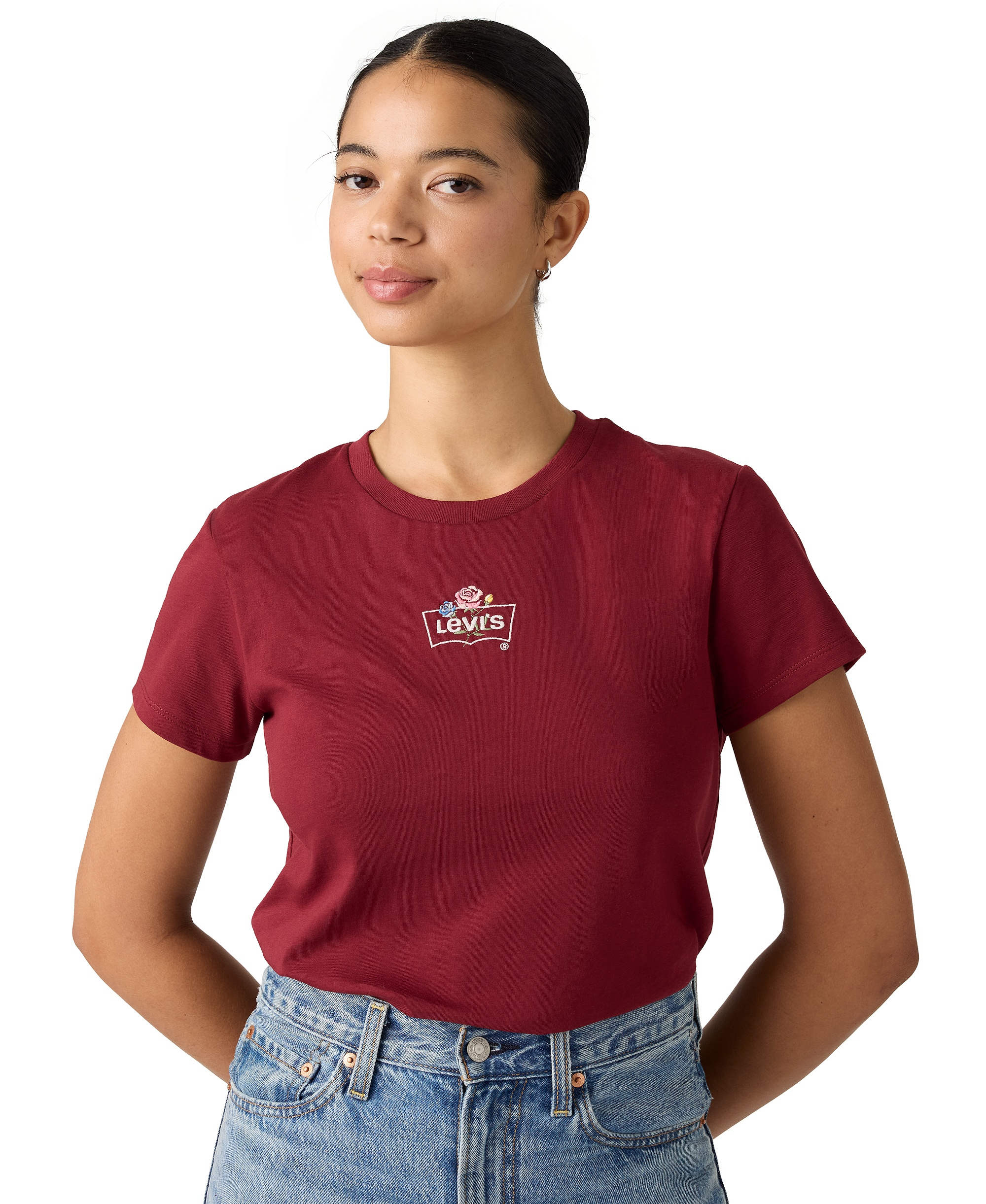 Levi's Women's Perfect Graphic Logo Cotton T-Shirt - Emb Rose Bw Warm Cabernet