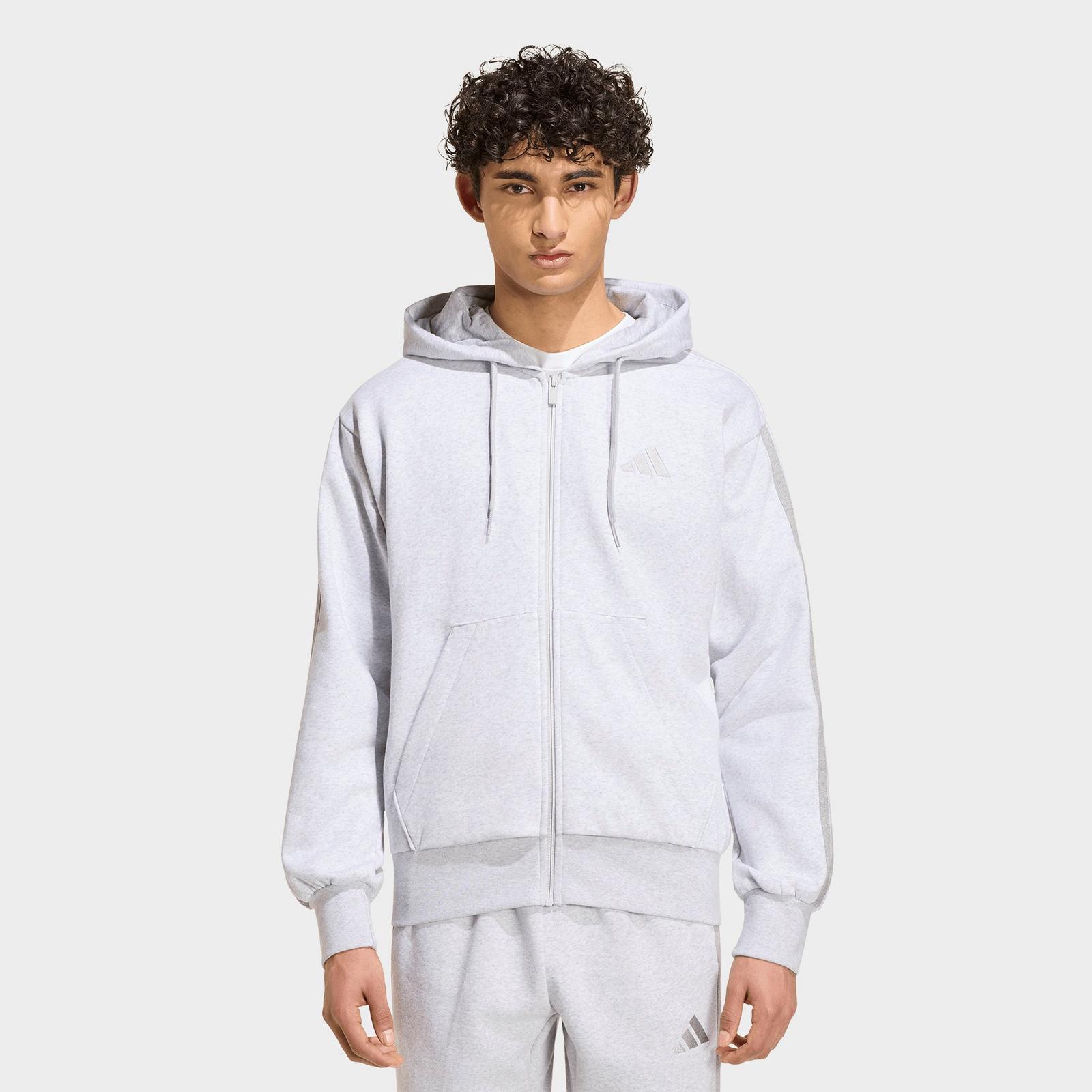 Men's adidas Essentials 3-Stripes Fleece Pullover Hoodie - Light Grey Heather/Medium Grey Heather - view 1