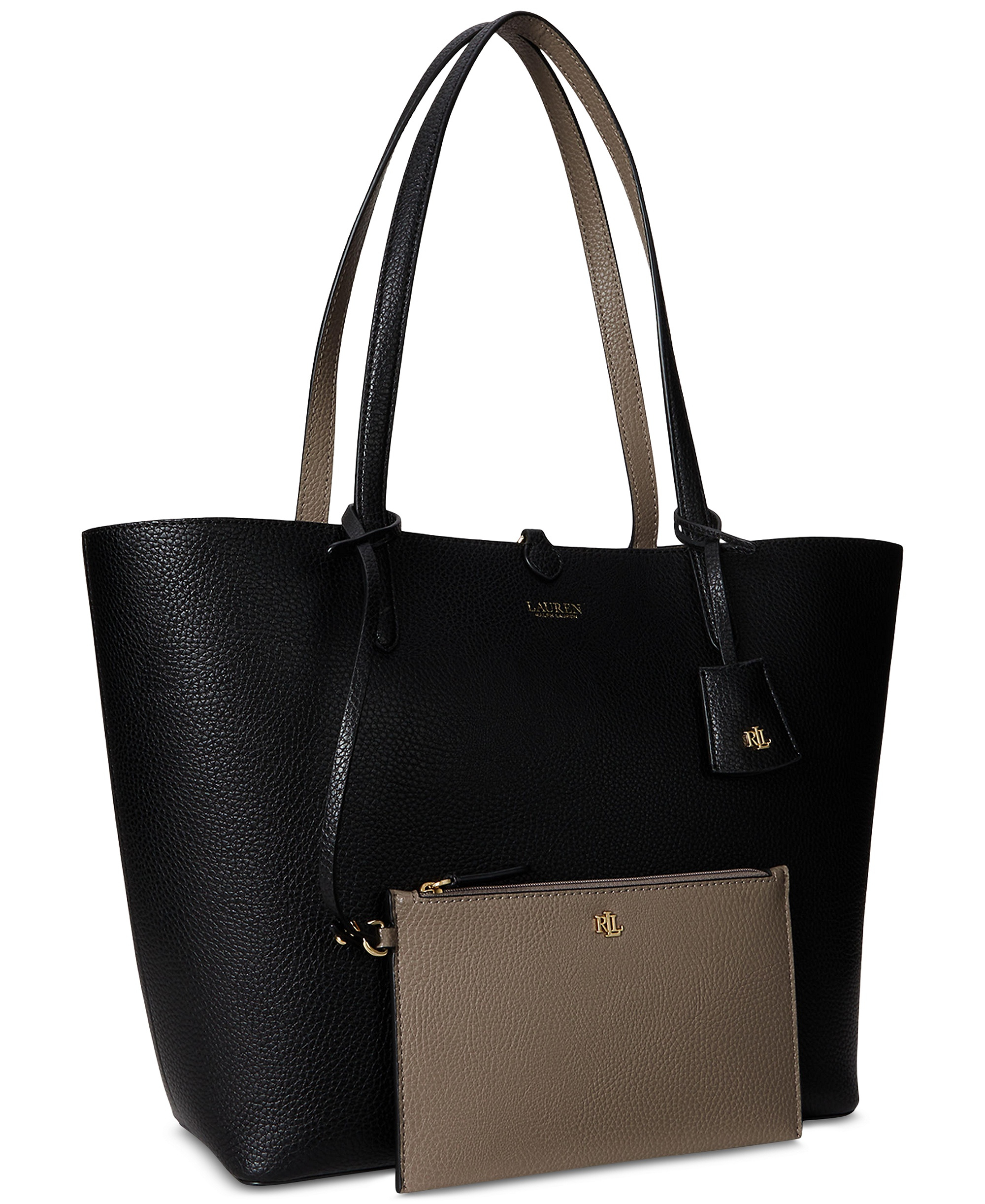 Lauren Ralph Lauren Faux-Leather Reversible Extra Large Tote Handbag - Black/Taupe/Gold