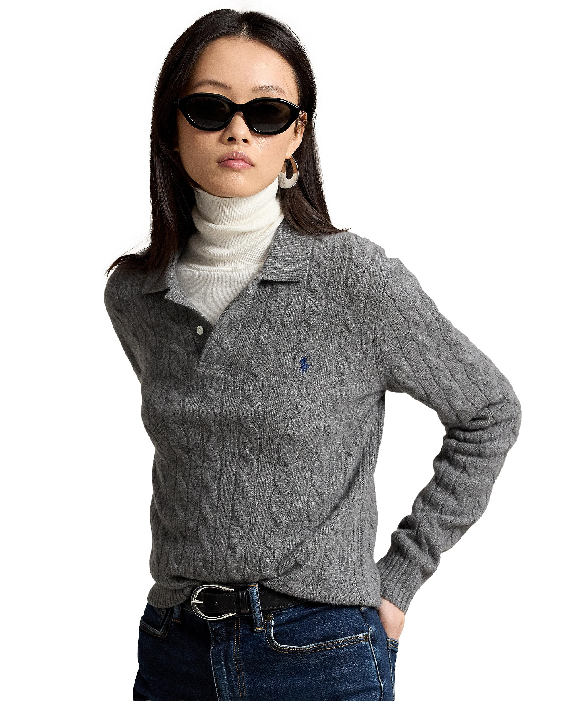 Polo Ralph Lauren Women's Cable-Knit Long-Sleeve Wool-Cashmere Sweater - Flannel Grey Heather